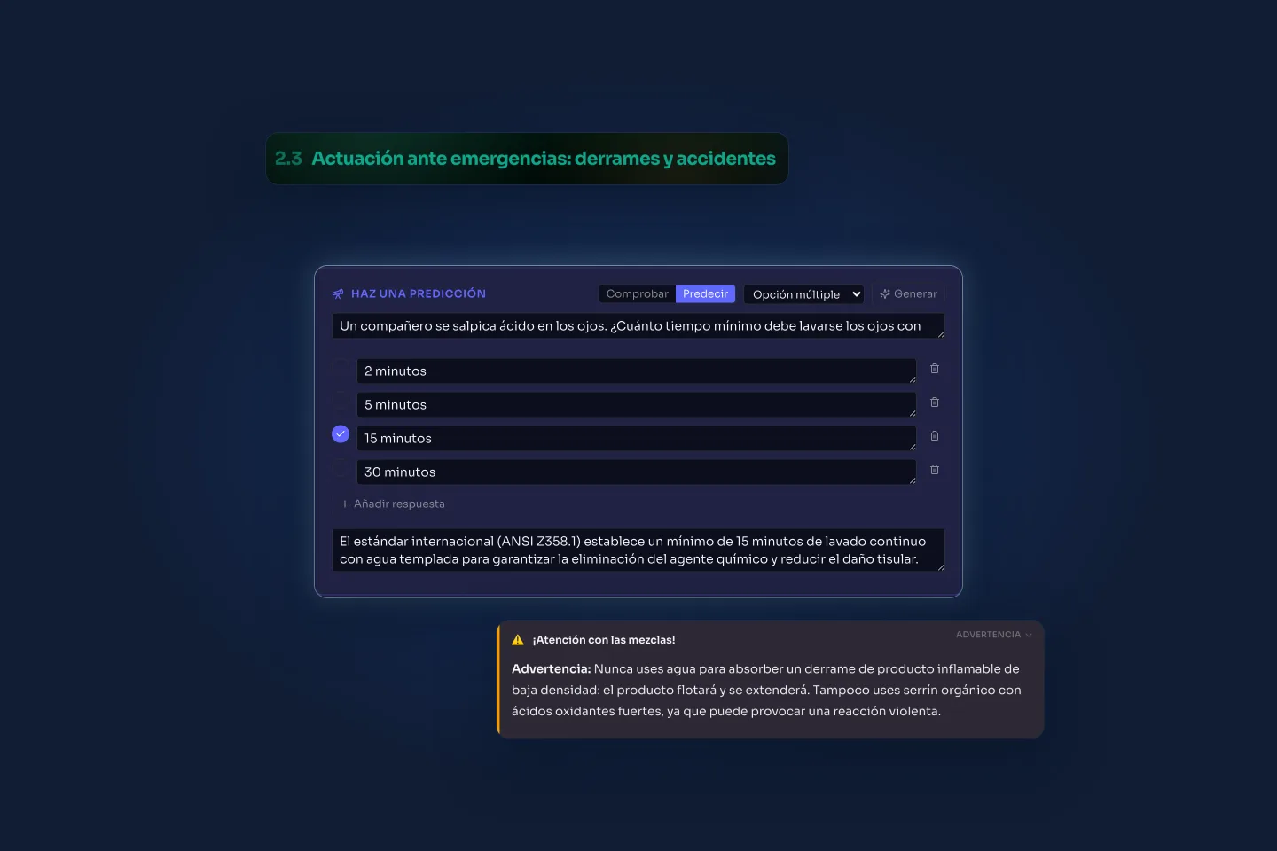 Pregunta práctica de una lección de seguridad en el laboratorio, con la respuesta correcta y su explicación