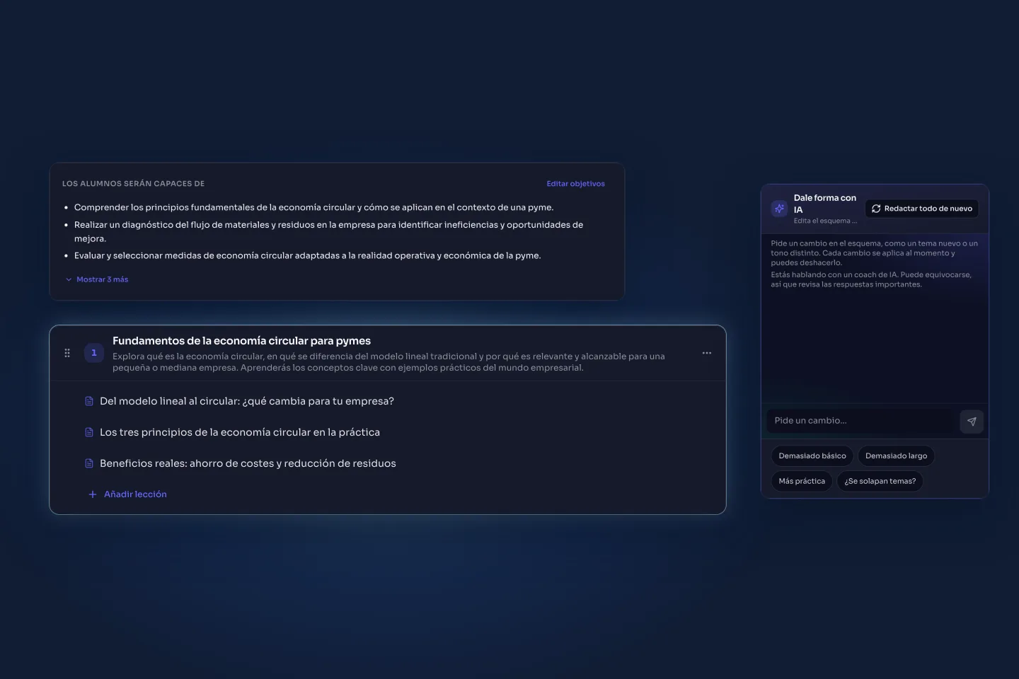Generated outline: goals, topic 1 with its lessons and the Shape it with AI panel