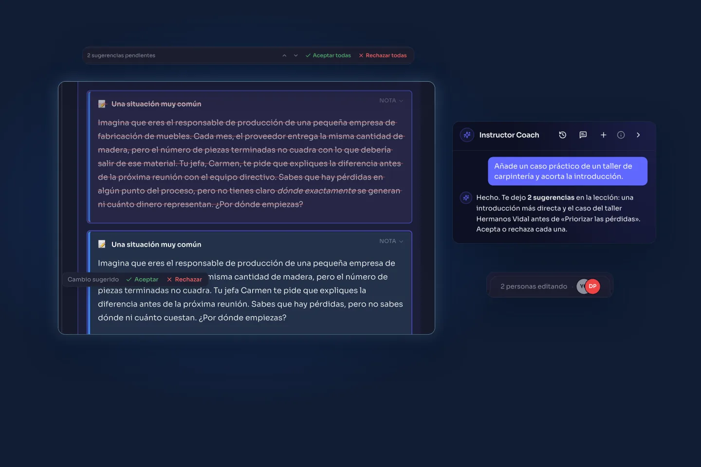 Two AI coach suggestions in a lesson, with Accept and Reject buttons and two people editing
